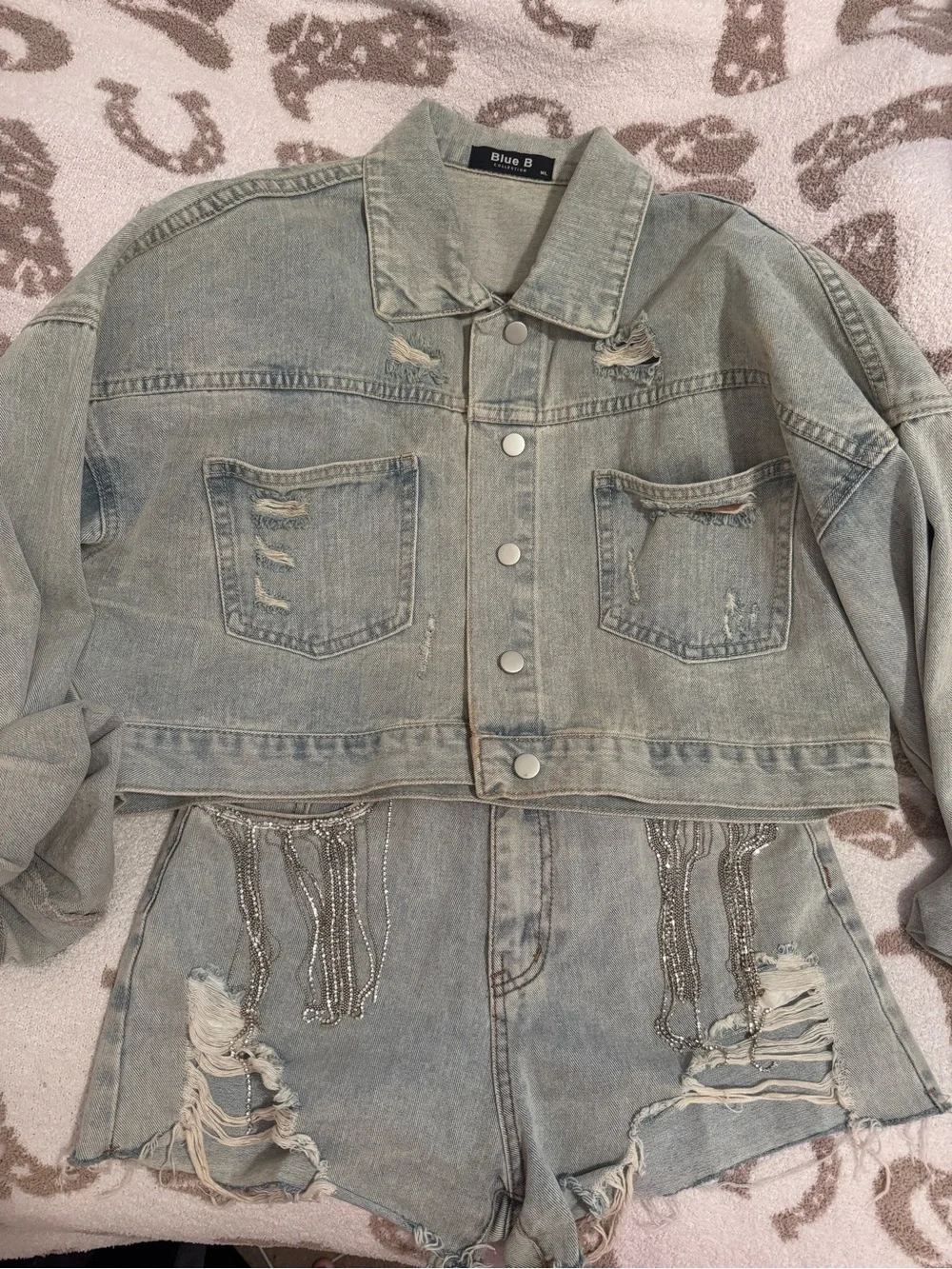 Denim Fringe Crop Jacket with Matching Shorts Set - distressed denim